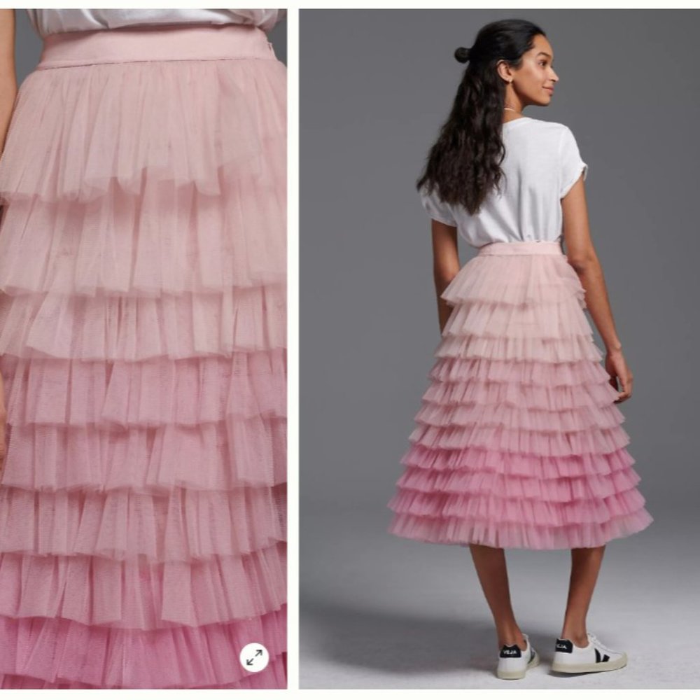 Anthropologie Pink Ombre Tiered Tulle Midi Skirt - Picture 2 of 16